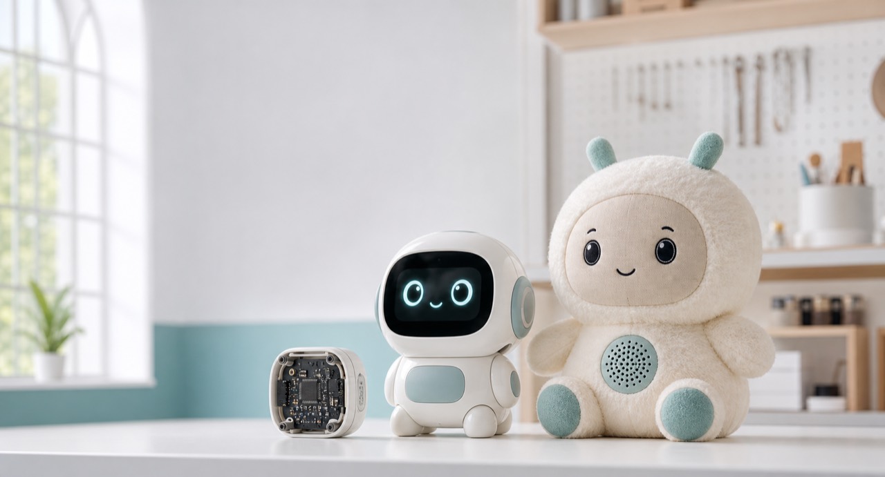 A product lineup showing a plush AI toy, a robot plastic shell AI toy, and an AI core module mechanism.